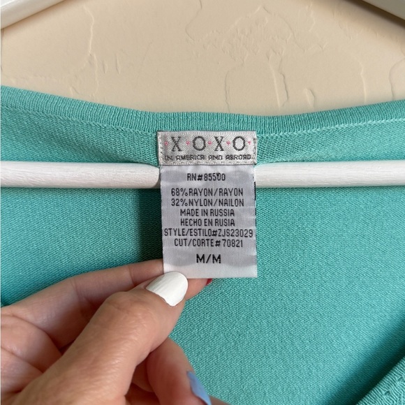 XOXO Y2K Cardigan Form Fitting Women's Button-Up Teal Aqua V Neck 3/4 Sleeve Med - Picture 4 of 8